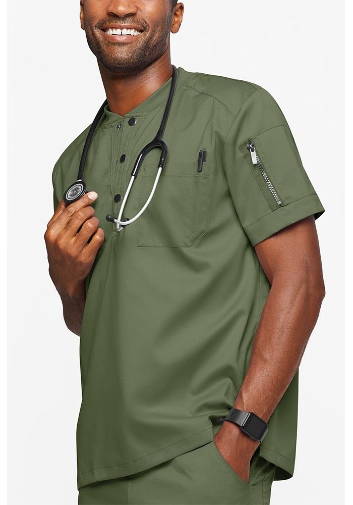 Men's Olive Henley Scrub Top in Olive - Athleisure medical scrubs wholesale OEM