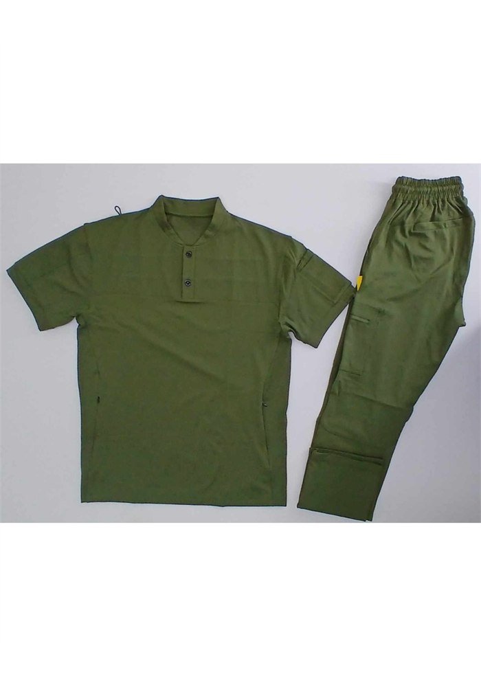 Men's Olive Mandarin Henley Cargo Scrub Suit in Olive - Athleisure medical scrubs wholesale OEM