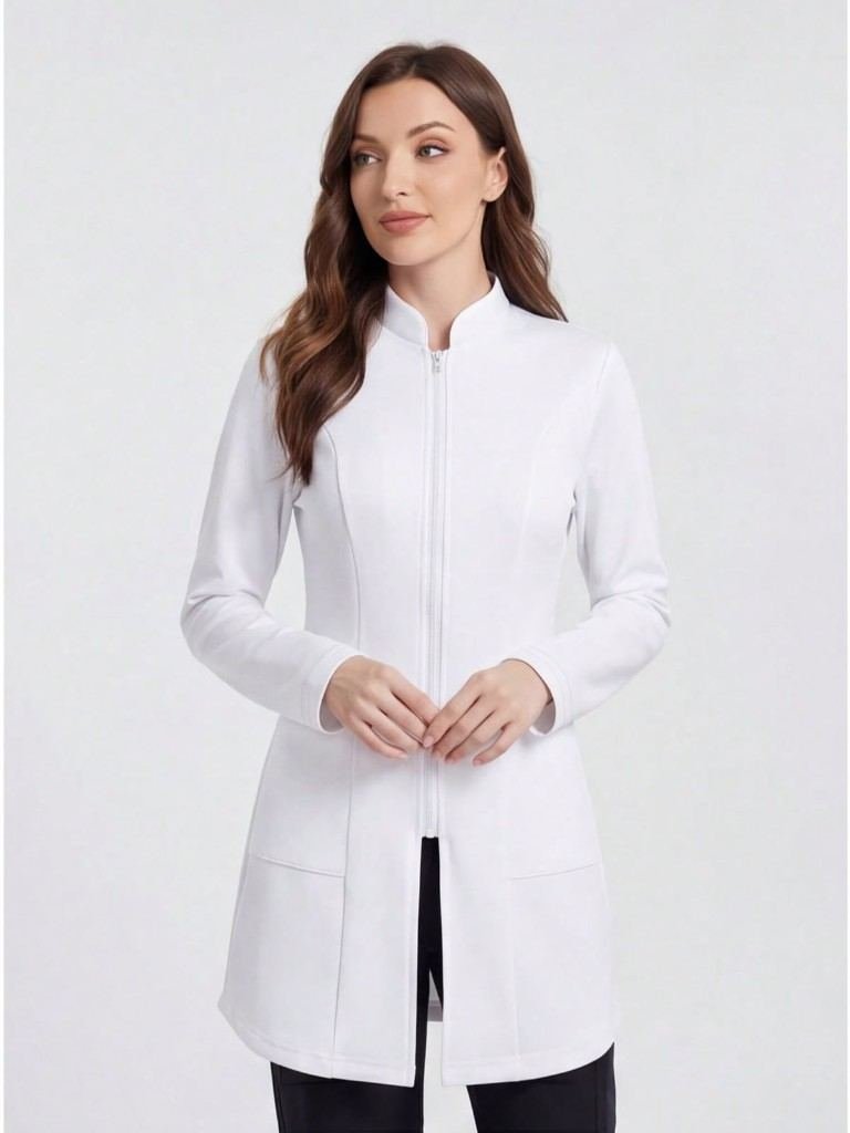 Women's White Zip Lab Coat in White — Premium FIONx stretch fabric private label scrubs
