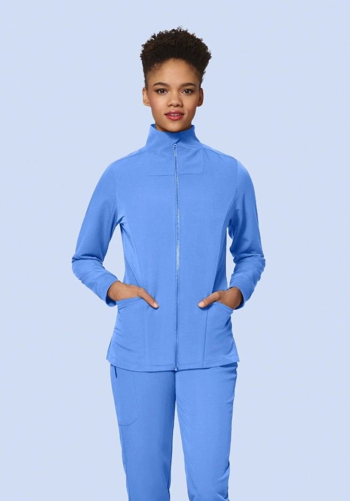 Women's Ceil Blue Zip Scrub Jacket in Ceil Blue — Premium FIONx stretch fabric private label scrubs