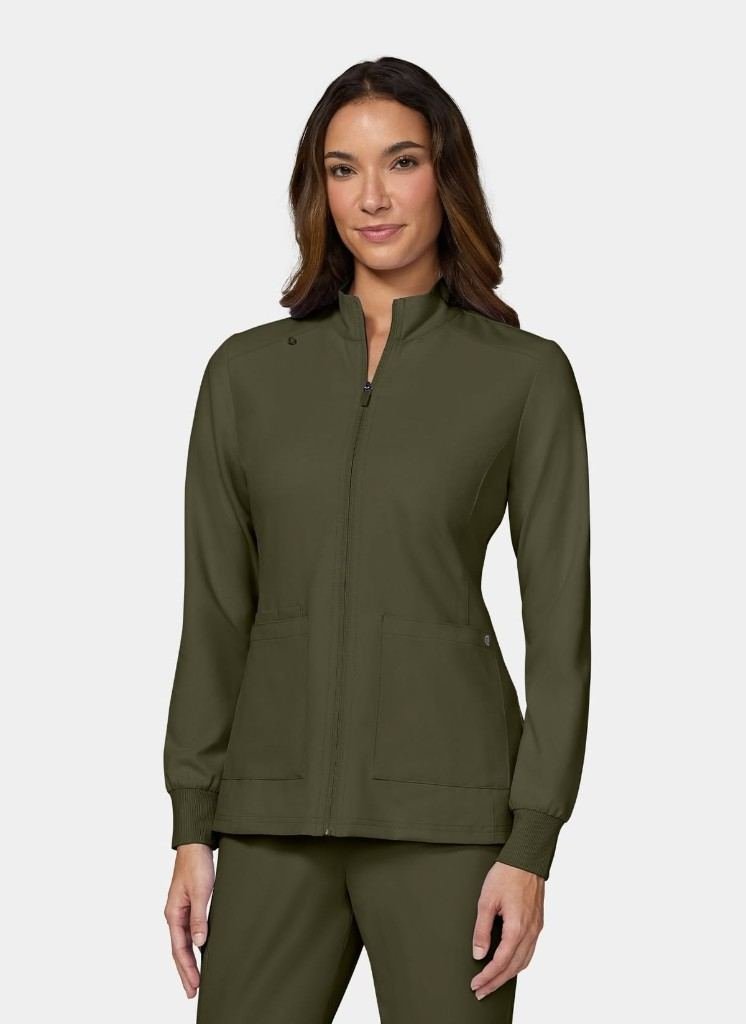 Women's Olive Zip Scrub Jacket in Olive — Premium FIONx stretch fabric private label scrubs