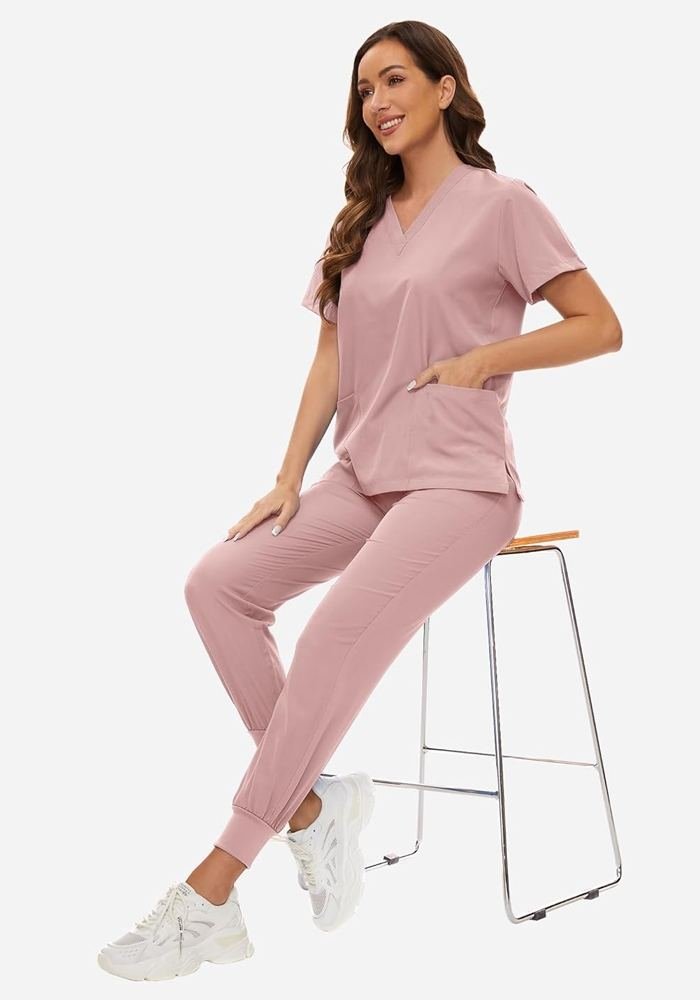 Women's Coral Scrub Suit in Coral — Premium FIONx stretch fabric private label scrubs