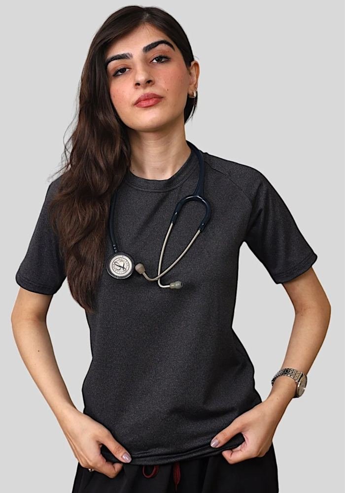Women's Charcoal Raglan Scrub Tee in Charcoal — Premium FIONx stretch fabric private label scrubs