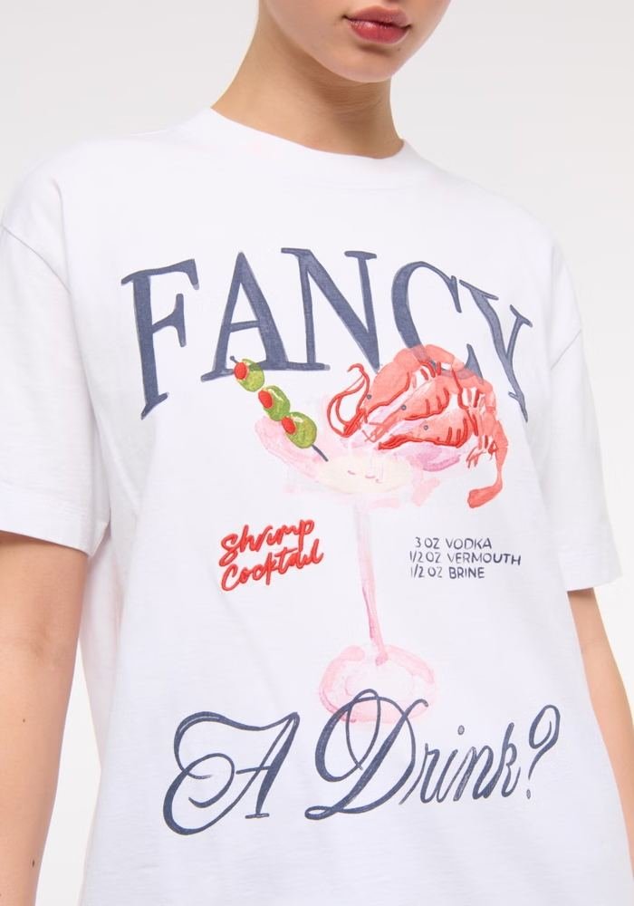 Women's Fancy Shrimp Cocktail Graphic Scrub Tee in White — Premium FIONx stretch fabric private label scrubs