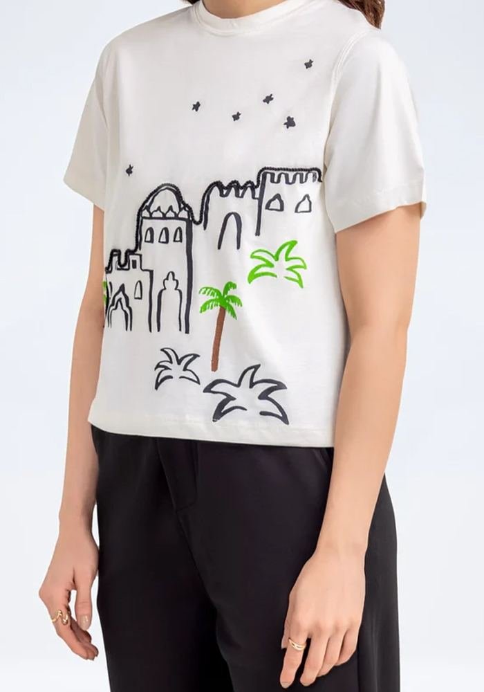 Women's Cream Oasis Graphic Scrub Tee in Cream — Premium FIONx stretch fabric private label scrubs