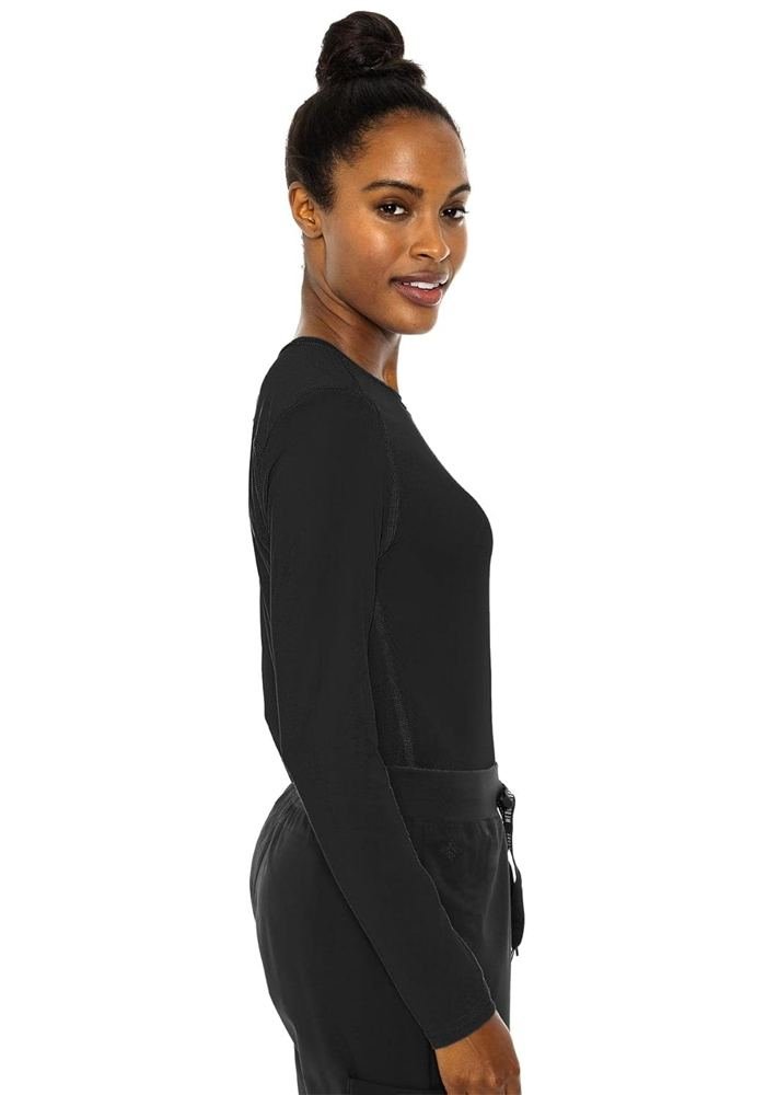 Women's Black Long-Sleeve Crew with Side Panels Scrub Top in Black — Premium FIONx stretch fabric private label scrubs