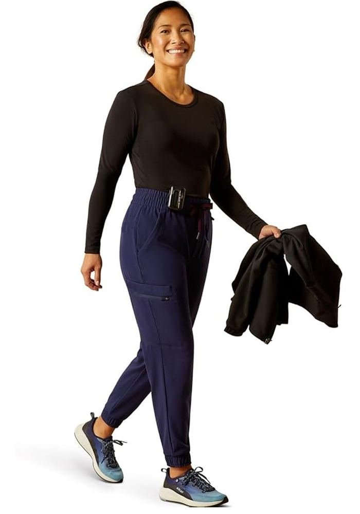 Women's Black Athletic Long-Sleeve Crew Scrub Top in Black — Premium FIONx stretch fabric private label scrubs