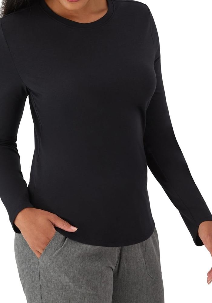Women's Black Long-Sleeve Crew Shirttail Hem Scrub Top in Black — Premium FIONx stretch fabric private label scrubs
