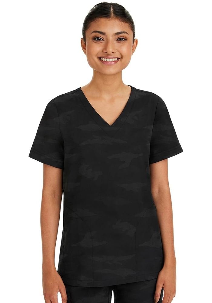 Women's Black Camo V-Neck Curved Pockets Scrub Top in Black — Premium FIONx stretch fabric private label scrubs