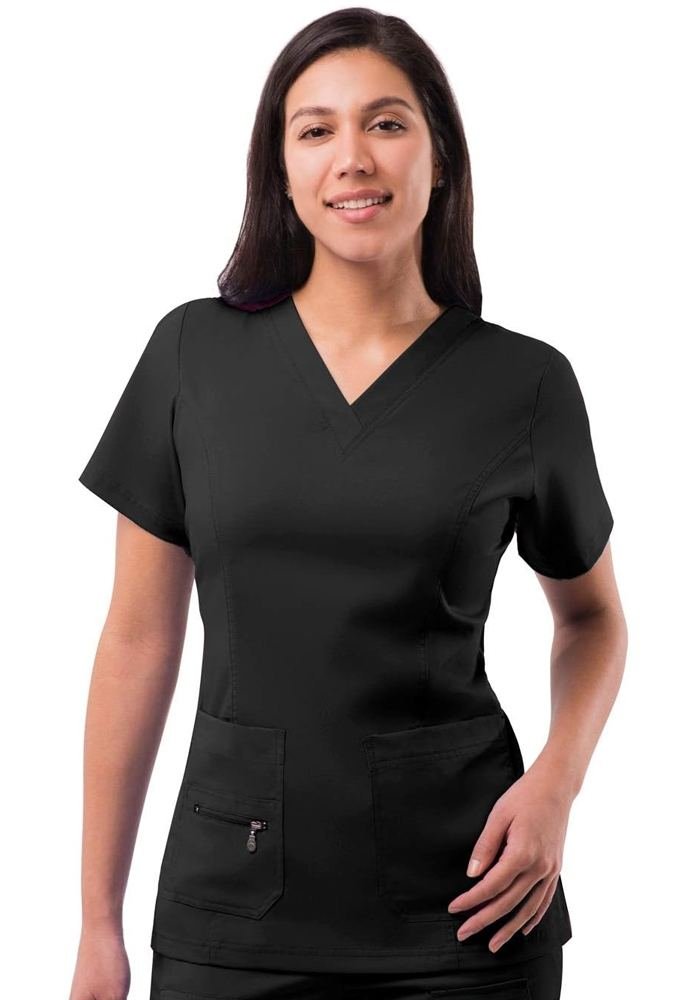 Women's Black Princess V-Neck Zip Pocket Scrub Top in Black — Premium FIONx stretch fabric private label scrubs