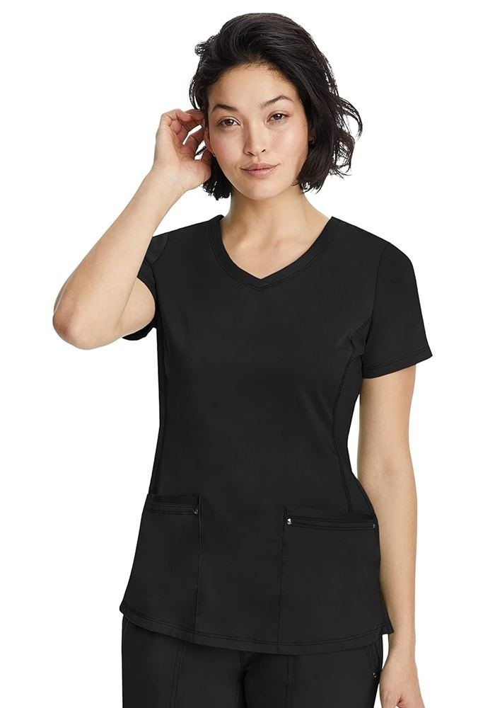 Women's Black Dual-Zip V-Neck Scrub Top in Black — Premium FIONx stretch fabric private label scrubs
