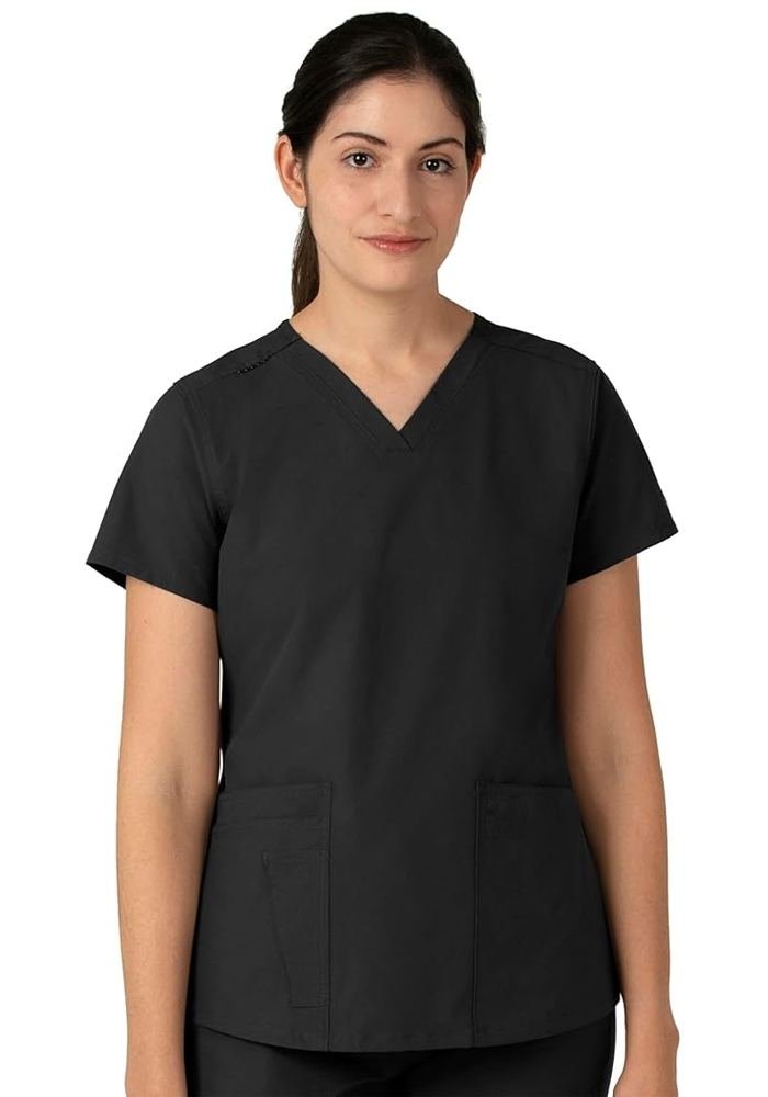 Women's Black Crossover V-Neck Shoulder Loop Scrub Top in Black — Premium FIONx stretch fabric private label scrubs