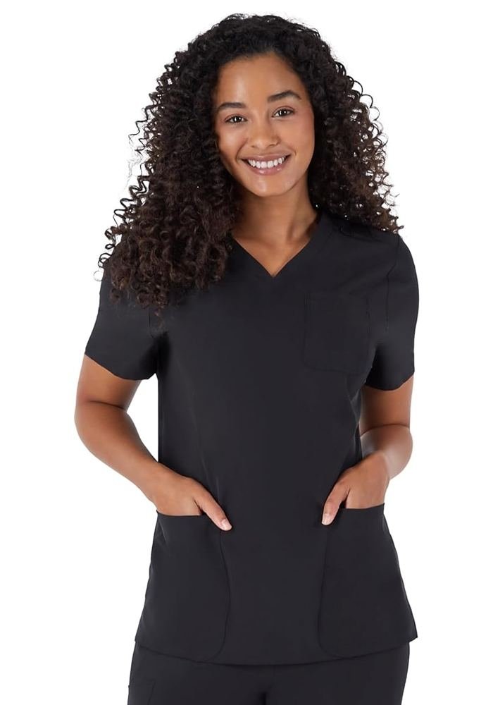 Women's Black Three-Pocket V-Neck Scrub Top in Black — Premium FIONx stretch fabric private label scrubs