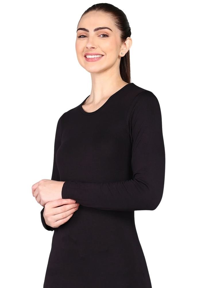 Women's Black Minimal Slim Long-Sleeve Crew Scrub Top in Black — Premium FIONx stretch fabric private label scrubs