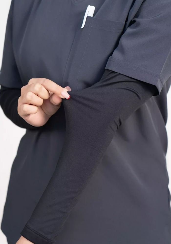 Women's Charcoal V-Neck Chest Pocket Layer Scrub Top in Charcoal — Premium FIONx stretch fabric private label scrubs