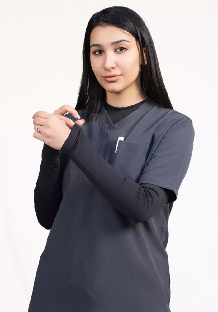 Women's Charcoal Classic V-Neck Chest Pocket Scrub Top in Charcoal — Premium FIONx stretch fabric private label scrubs