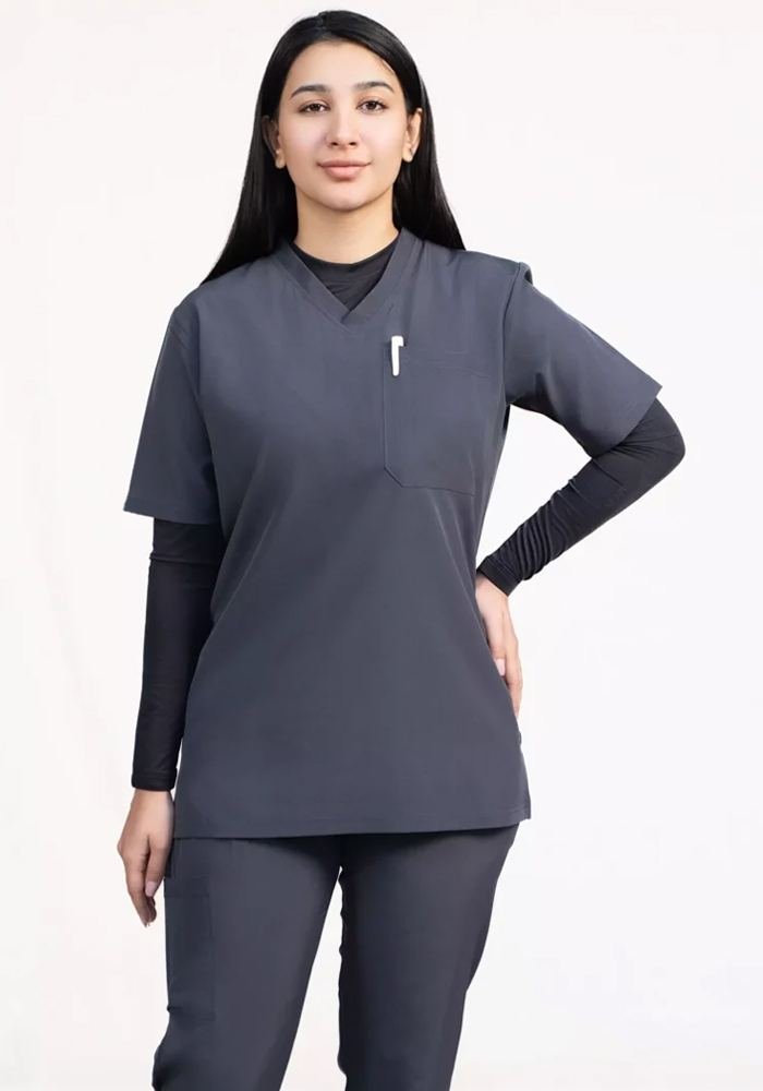 Women's Charcoal Straight-Hem V-Neck Chest Pocket Scrub Top in Charcoal — Premium FIONx stretch fabric private label scrubs