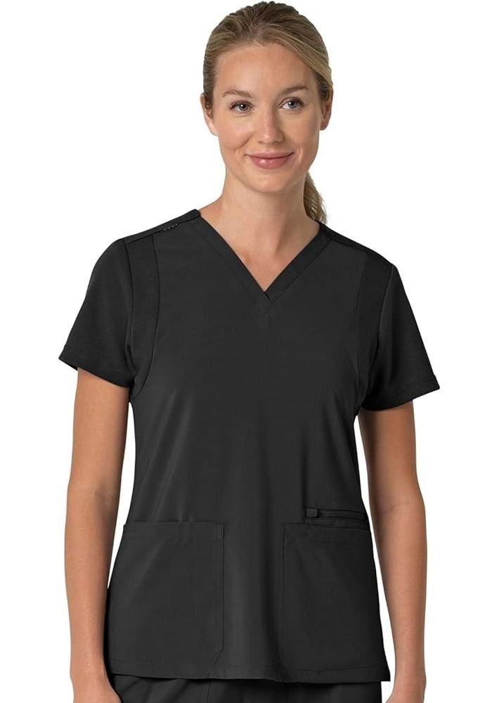 Women's Charcoal V-Neck Zippered Waist Pockets Scrub Top in Charcoal — Premium FIONx stretch fabric private label scrubs