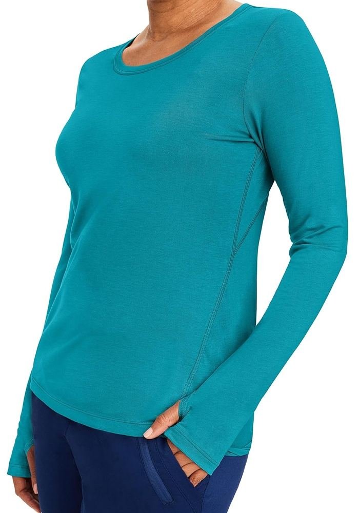 Women's Navy Long-Sleeve Crew Thumbholes Scrub Top in Navy — Premium FIONx stretch fabric private label scrubs