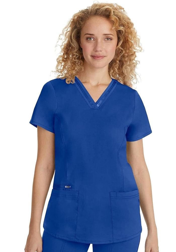 Women's Navy V-Neck Zippered Patch Pocket Scrub Top in Navy — Premium FIONx stretch fabric private label scrubs