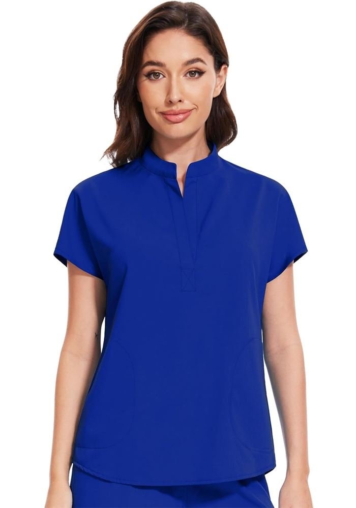 Women's Navy Mandarin Collar Curved Pockets Scrub Top in Navy — Premium FIONx stretch fabric private label scrubs