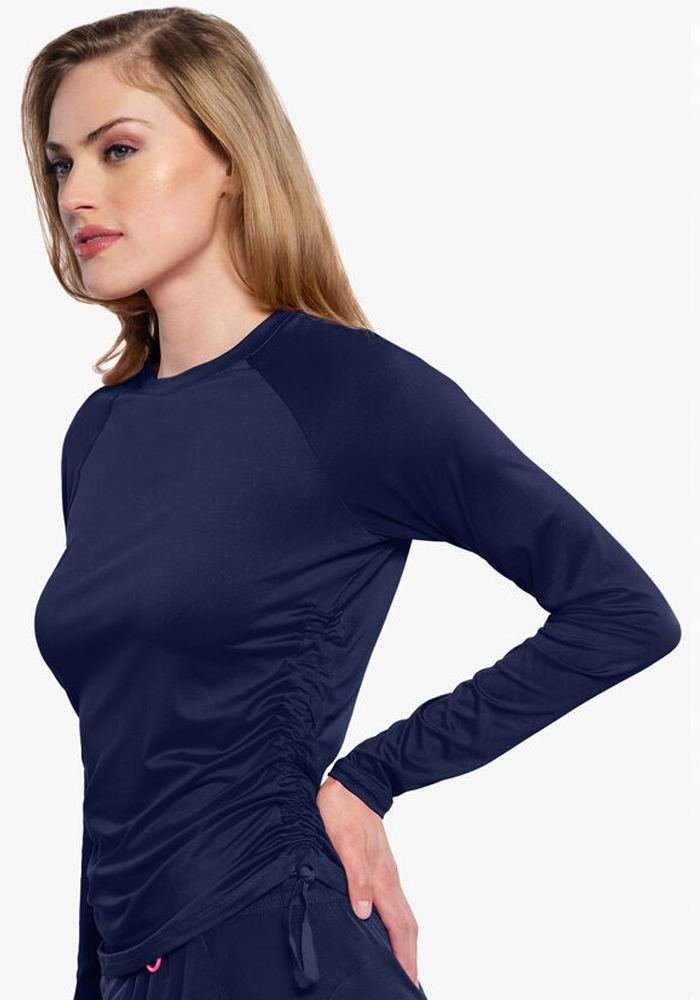 Women's Warm Taupe Side-Ruched Long-Sleeve Drawstring Scrub Top in Warm Taupe — Premium FIONx stretch fabric private label scrubs