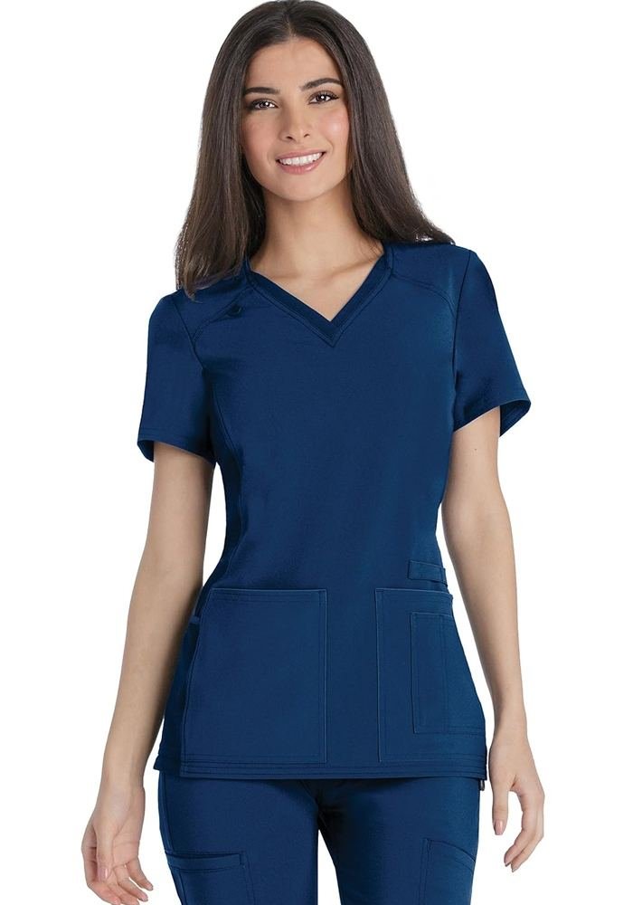 Women's Sand V-Neck Yoke Utility Pockets Scrub Top in Sand — Premium FIONx stretch fabric private label scrubs