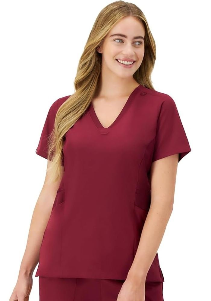 Women's Stone V-Neck Ribbed Side Panels Scrub Top in Stone — Premium FIONx stretch fabric private label scrubs